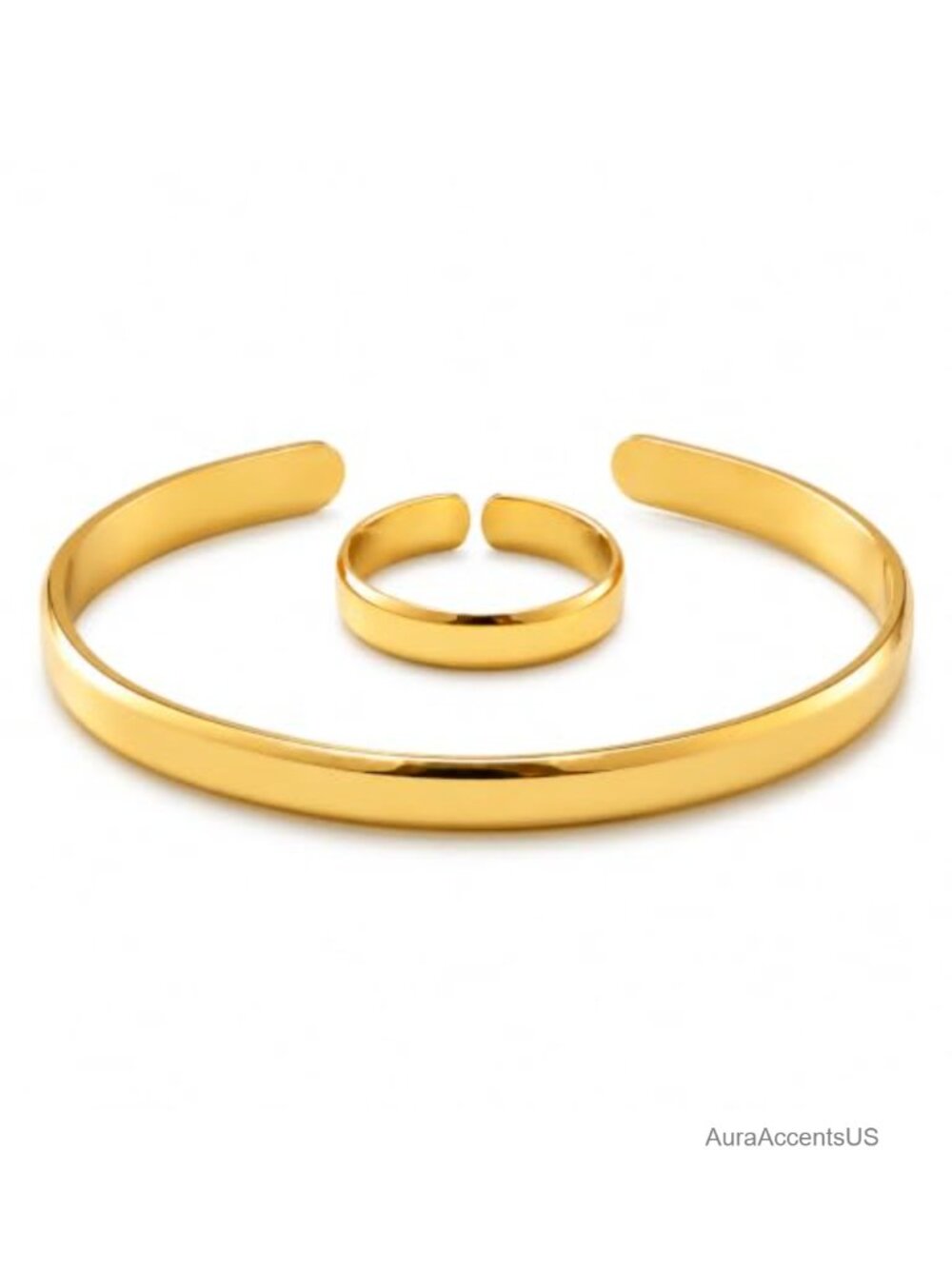 Waterproof 18K Gold Cuff Bracelet & Ring Set Adjustable Stainless Steel
